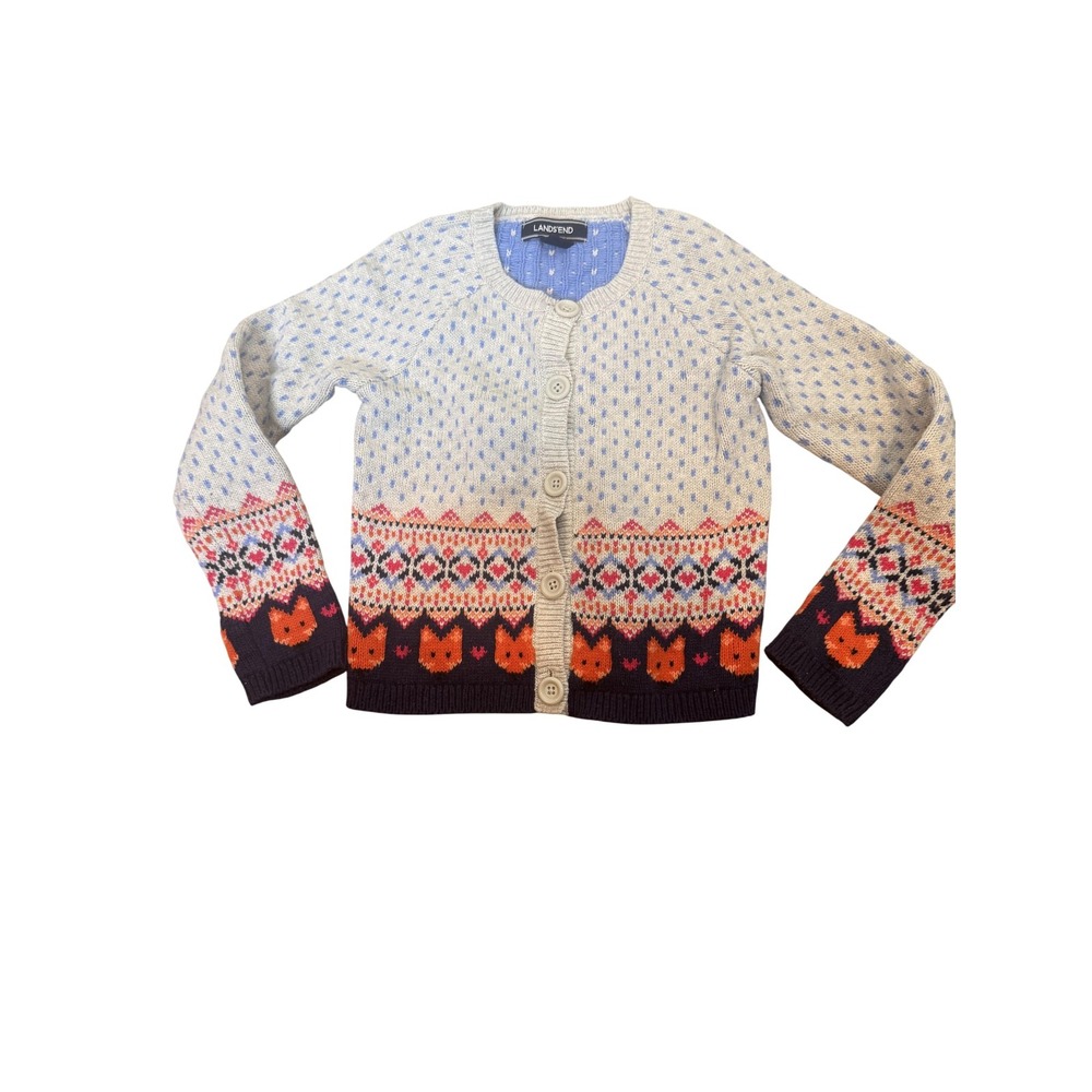 Lands' End Sweater Girls Size 5-6 Multicolor Fox Fair Isle Cardigan Button Front